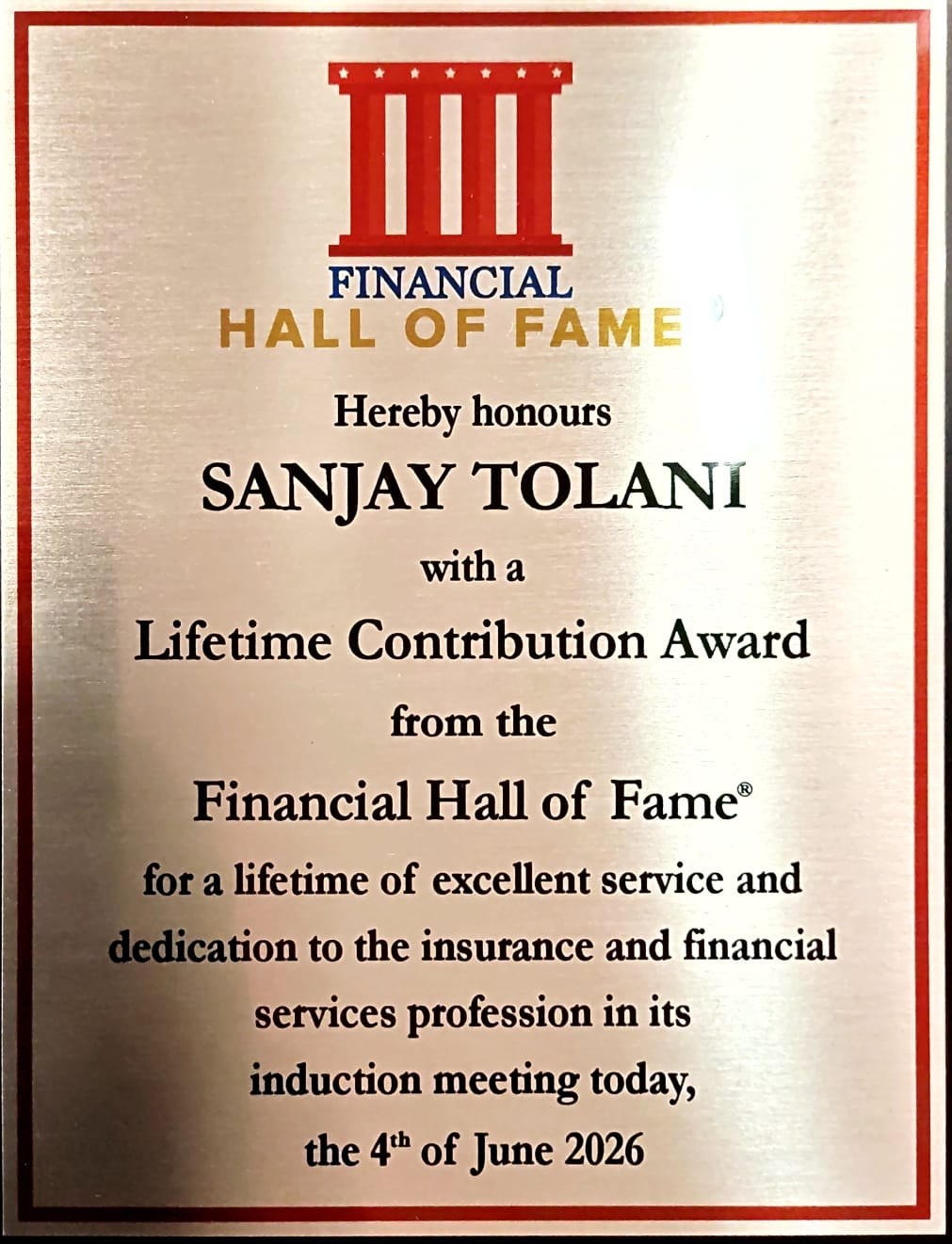 Financial Hall of Fame Lifetime Contribution Award