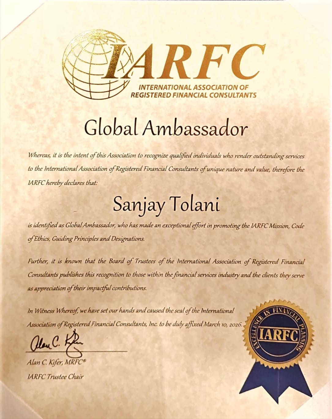 IARFC Global Ambassador recognition
