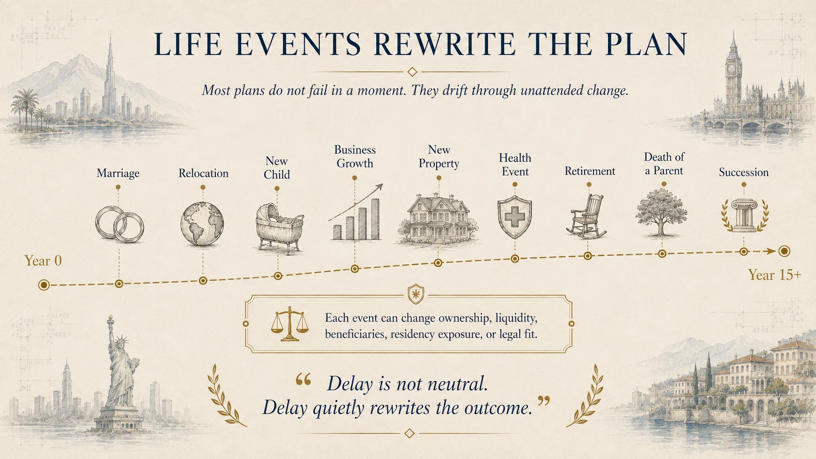 Timeline infographic showing how marriage, relocation, children, business growth, property, health events, retirement and succession rewrite a family plan over time.