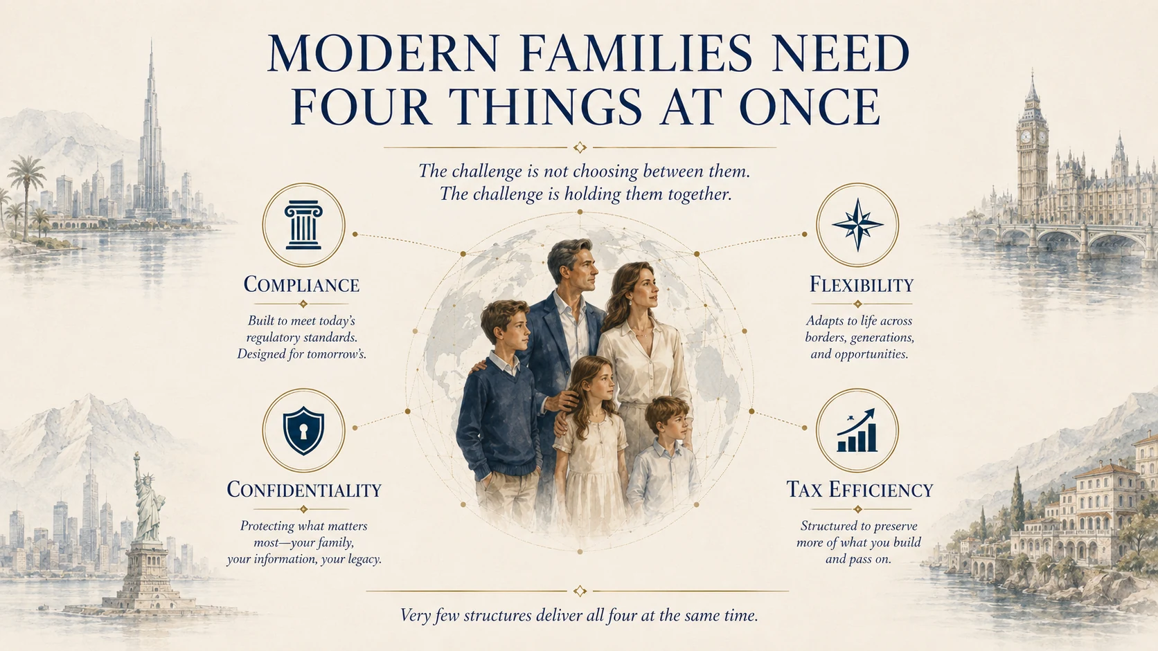 Framework image showing the four things modern families need at once: compliance, confidentiality, flexibility, and tax efficiency.