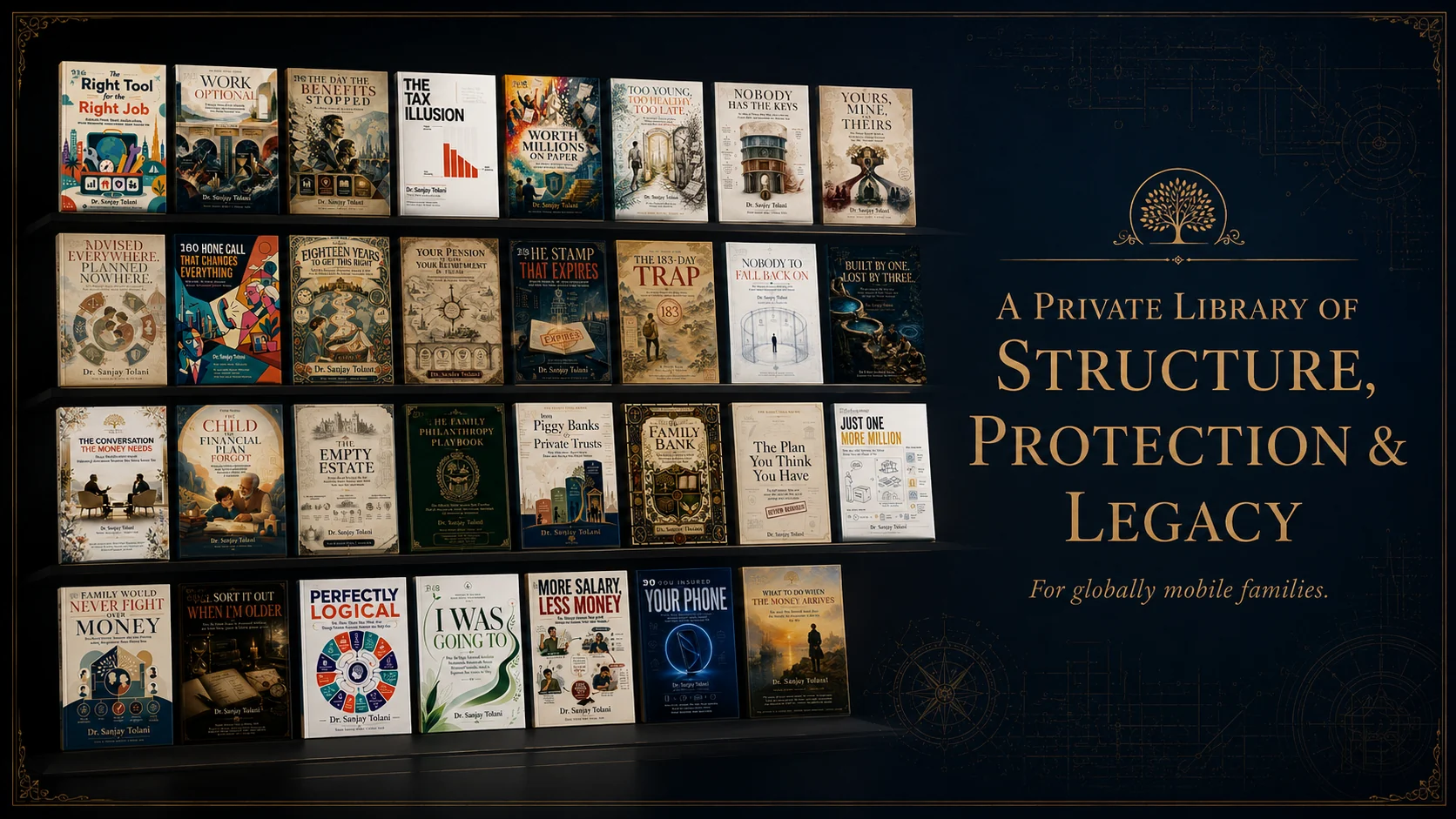 A private library displaying the 31 books in Dr. Sanjay Tolani’s Right Tool Series.