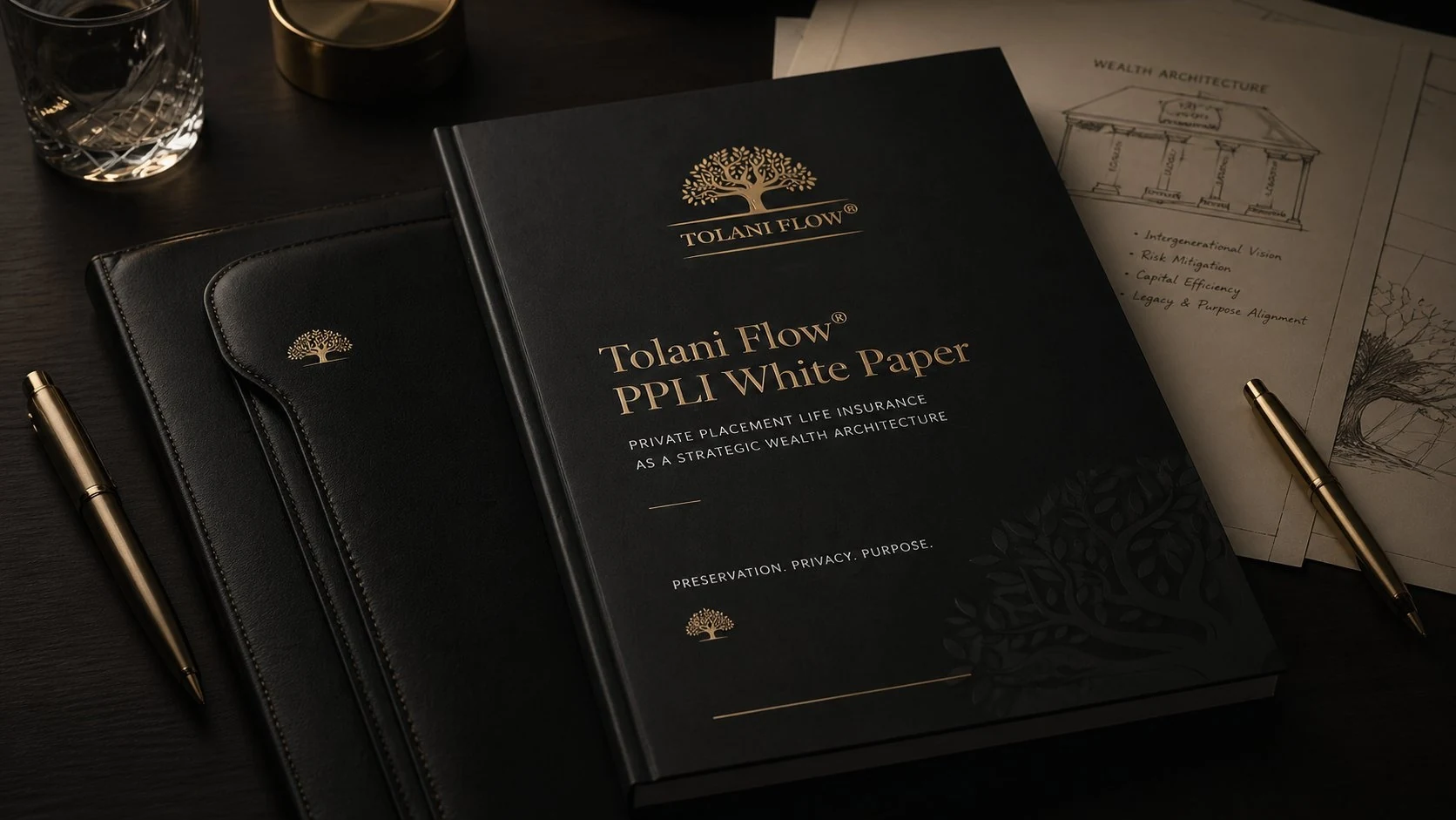 Tolani Flow PPLI White Paper displayed on a private family-office desk.