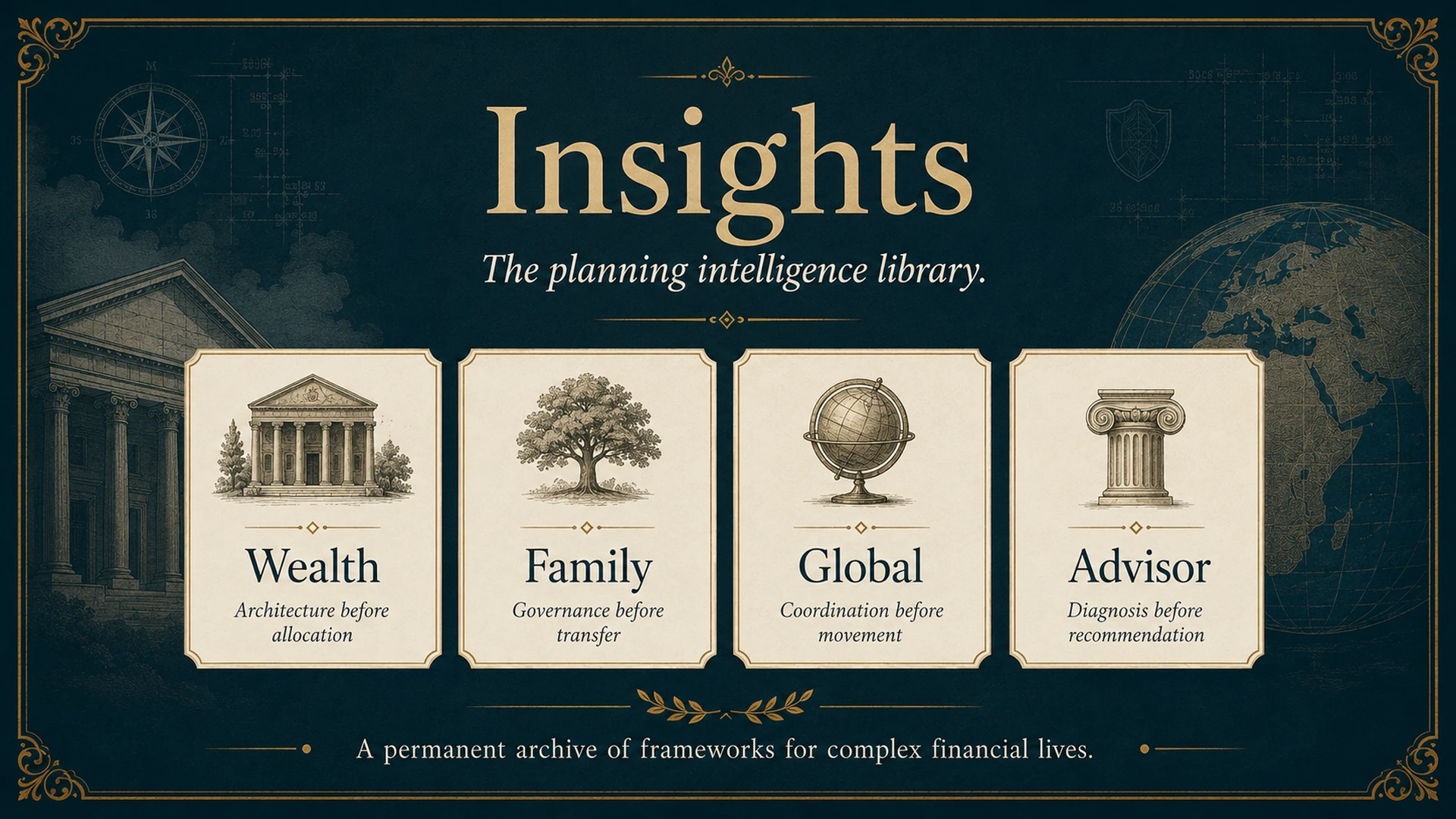 Insights: the planning intelligence library, covering wealth, family, global coordination and advisor diagnosis.