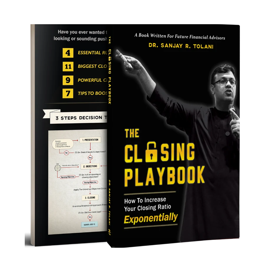 Book cover mockup for The Closing Playbook by Dr. Sanjay Tolani
