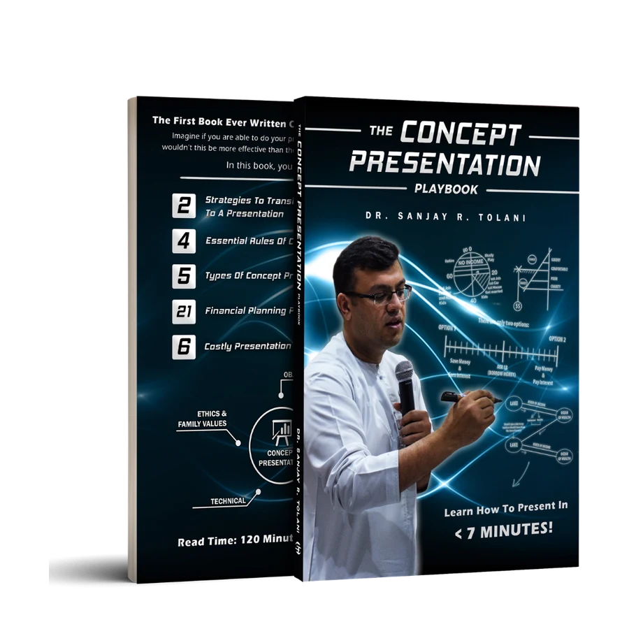 Book cover mockup for The Concept Presentation Playbook by Dr. Sanjay Tolani