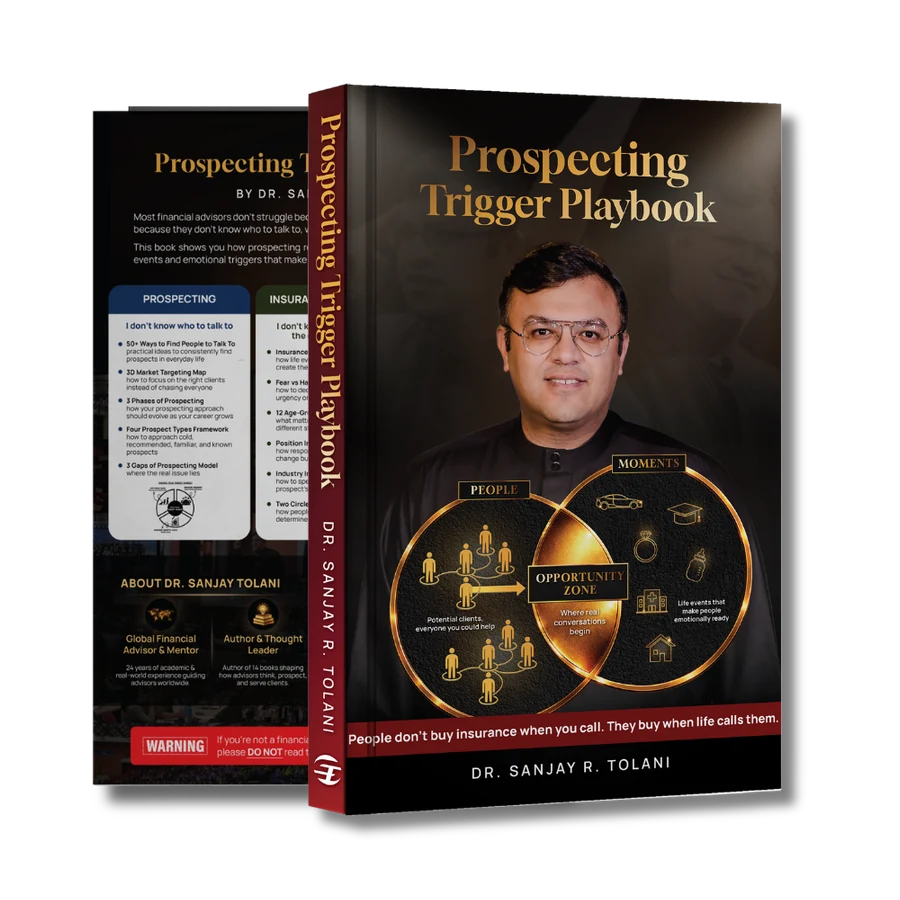 Book cover mockup for The Prospecting Trigger Playbook by Dr. Sanjay Tolani