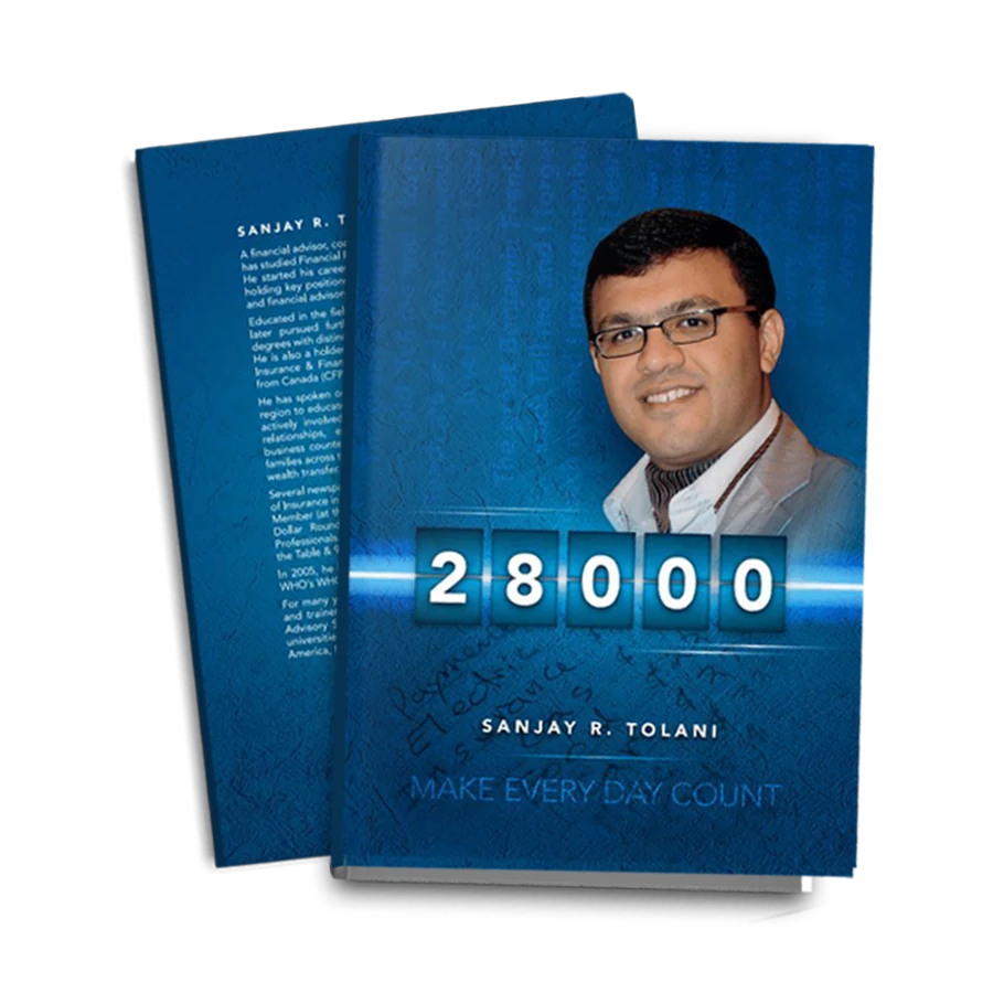 Book cover mockup for The 28 000 Book - Make Every Day Count by Dr. Sanjay Tolani