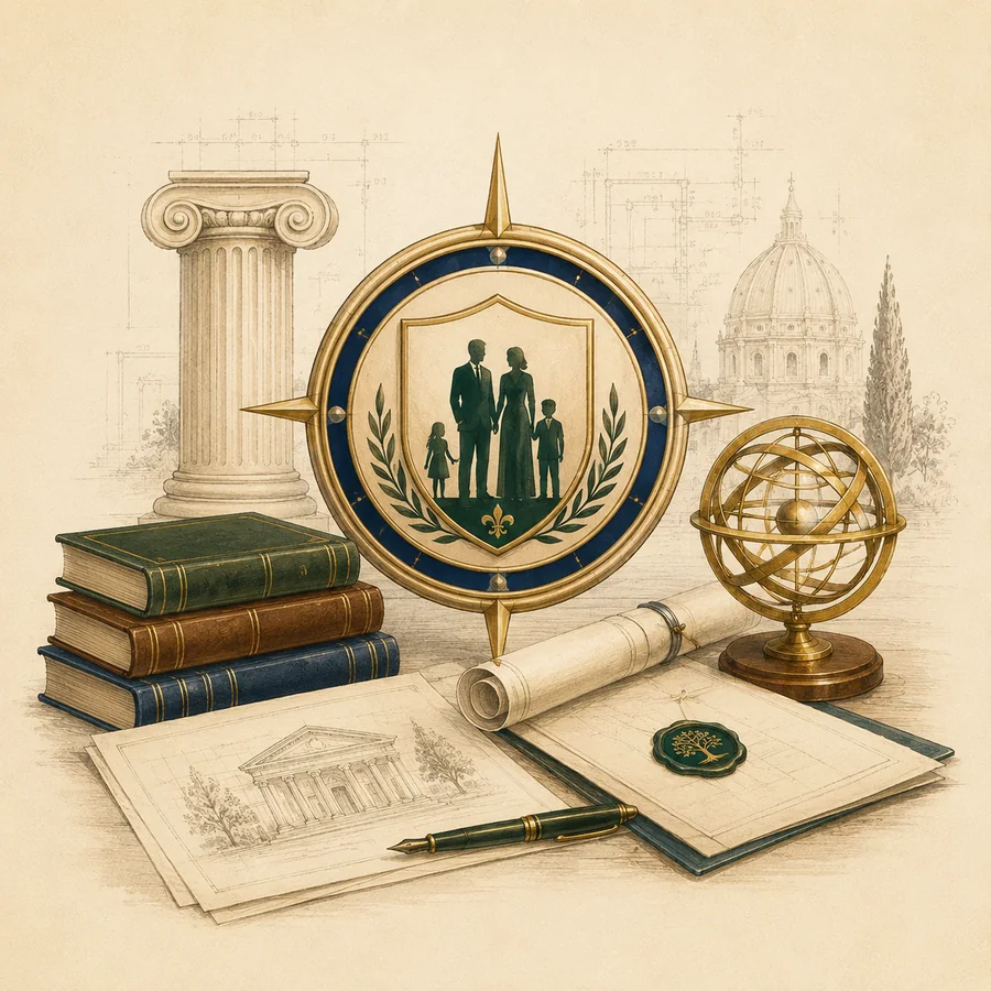 Family office crest and architectural planning symbols.
