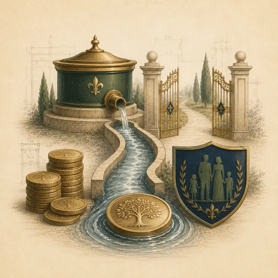 A flowing waterway connecting family wealth, continuity and Tolani Flow.