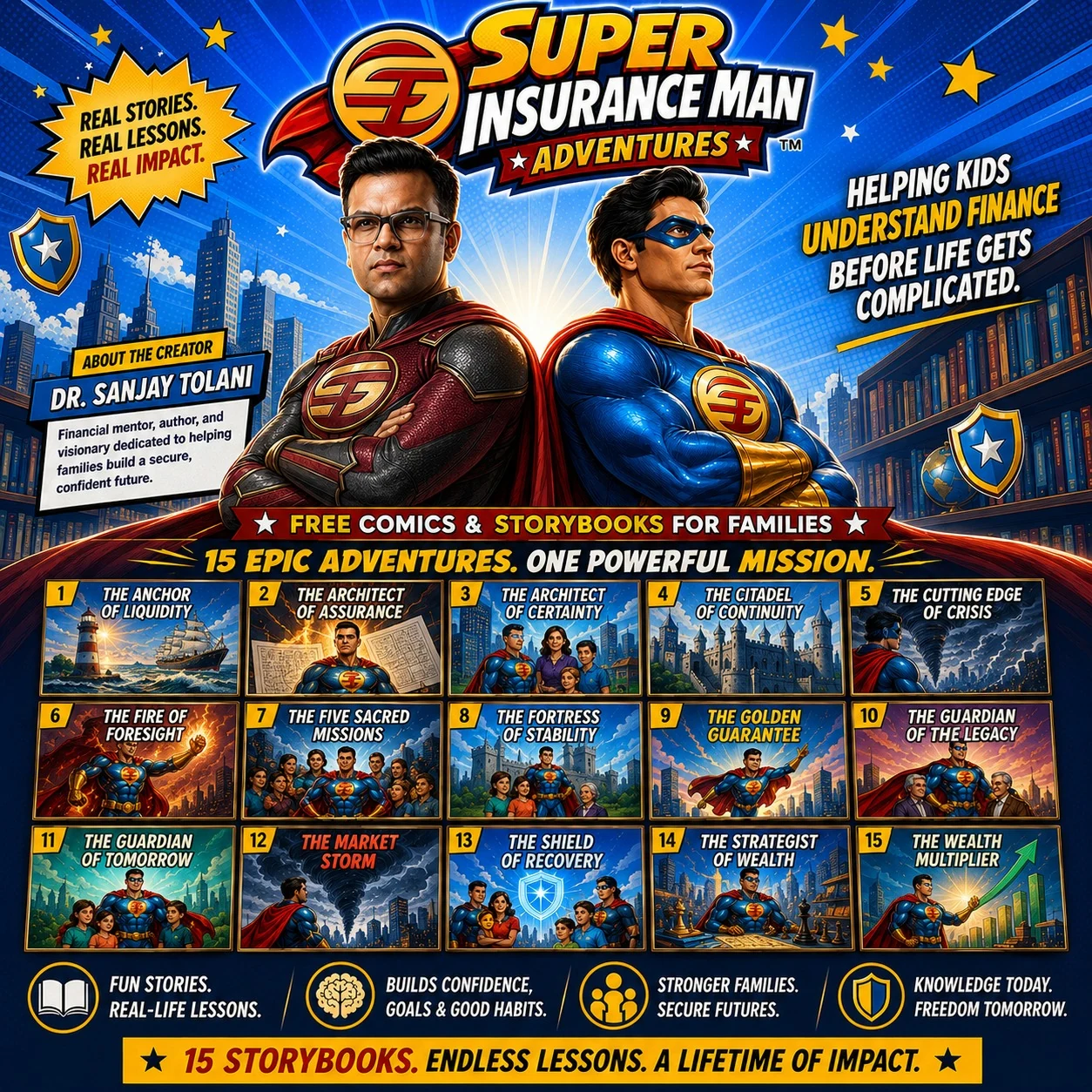 Super Insurance Man Adventures featuring 15 free financial education comics and storybooks for families