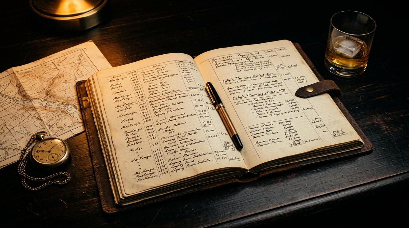 An open family legacy ledger on a desk with a pen, a pocket watch and archival papers