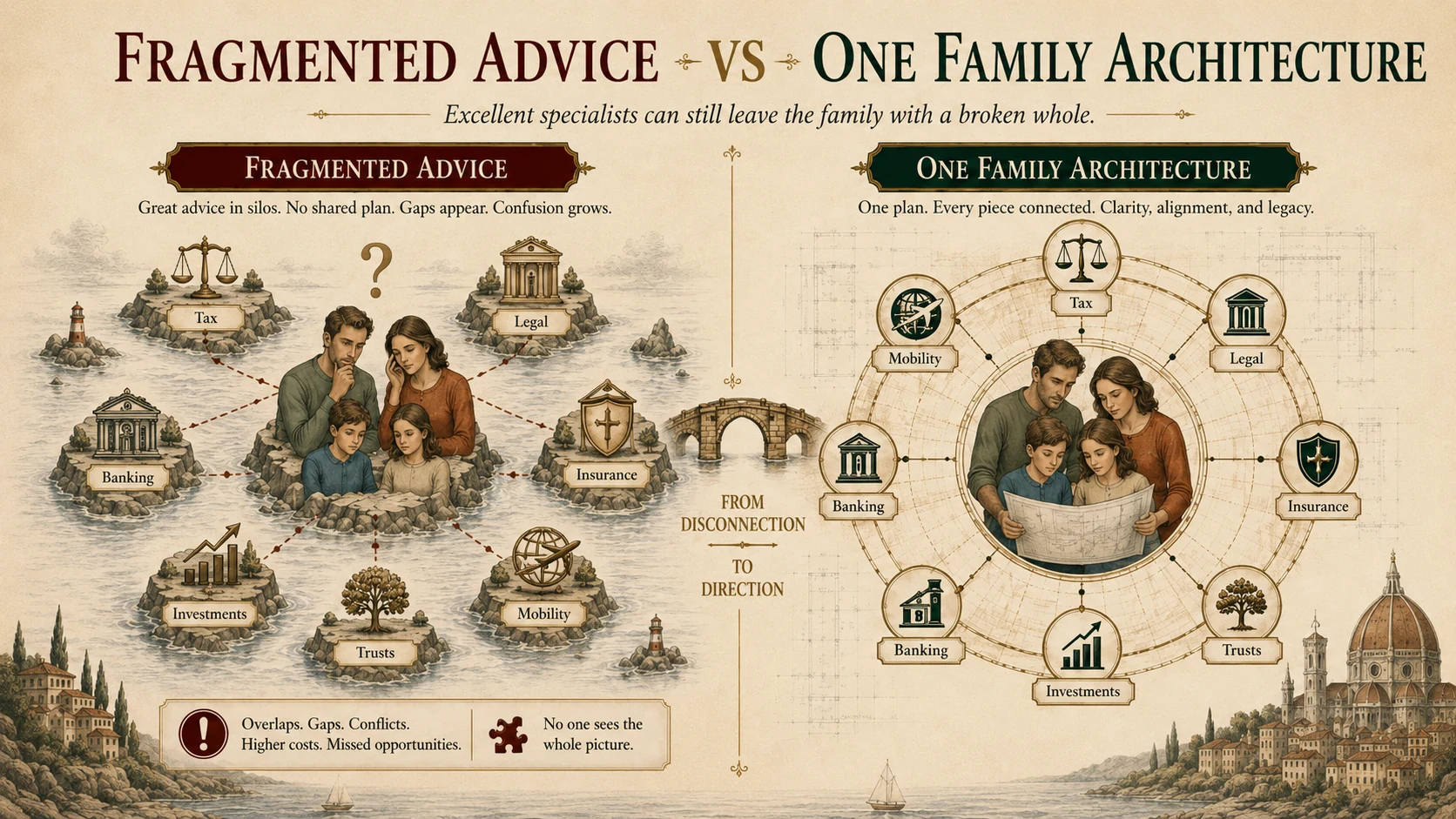 Comparison infographic showing fragmented advice versus one coordinated family architecture.